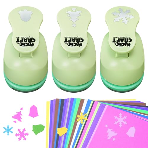 Hole Punch 1 Inch Craft Christmas Snowflakes Bells Shapes with 30PCS Paper | Hole Puncher for Crafts Set with Craft Paper Cardstock, Mix Shape Designs Hole Puncher for Kids for Crafting Scrapbooking - style: 3 Diffrent Shapes Punch & 30 Craft paper