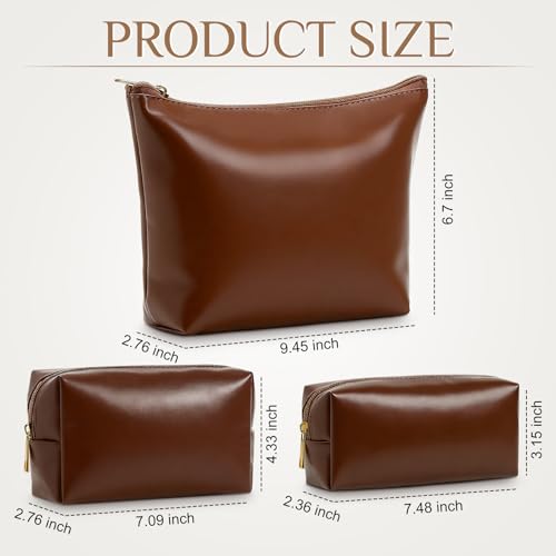 Kigeli 3 Piece Leather Makeup Bag Set Graduation Women Gifts PU Leather Makeup Toiletry Bag Bridesmaid Cosmetic Pouch Small Aesthetic Travel Purse for Wedding Birthday Women Gifts(Brown) - color: brown