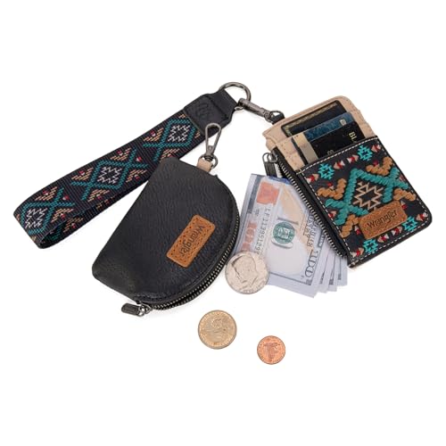 Wrangler Western Keychain Wristlet Wallets for Women Retro Dual Pouch Wristlet Credit Card Holder Wallet with Zipper Pocket WG2214-W0051BK - color: Aztec-Black