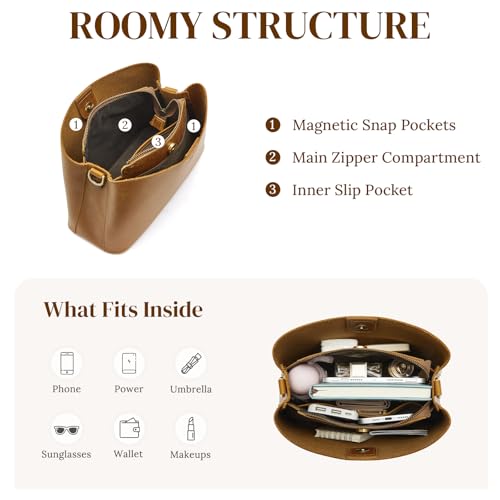 S-ZONE Leather Crossbody Bags for Women Medium Bucket Purses with 2 Straps | Top Grain Leather, Shoulder Handbag, Multi Compartments, Roomy Capacity, Bottom Rivets, for Travel or Daily - color: Light Brown