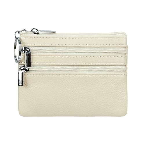 Women Genuine Leather Coin Purse Small Keychain Change Wallet - color: Beige