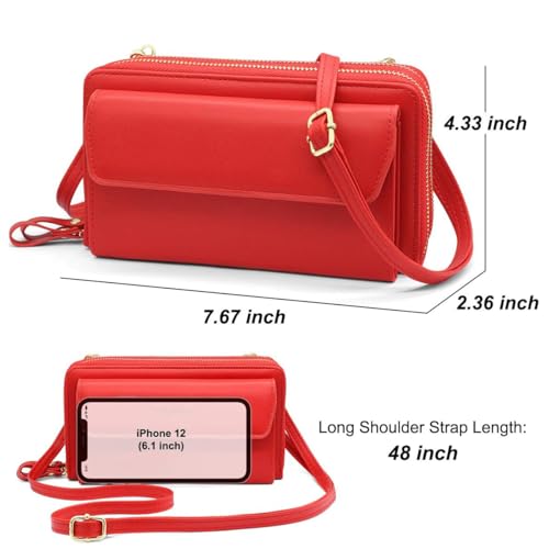 Women Leather Wallet Crossbody Shoulder Bag with Double Zipper and Mobile Phone Purse with Shoulder Strap - color: 109-red