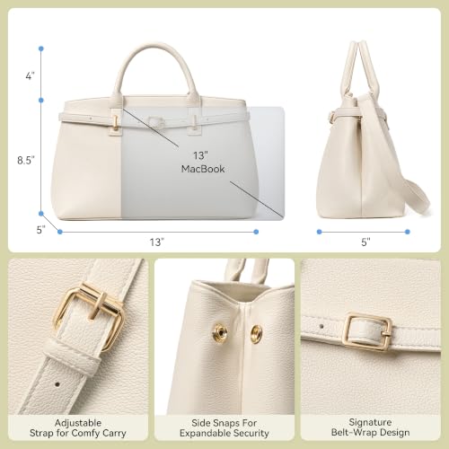 BOSTANTEN Soft Structured Satchel Bag for Women Medium Work Tote Handbag | Commute or everyday, Luxury Pebble Leather or Faux Suede, Professional Style, Removable Strap, Expandable, Giftable Choice - color: White