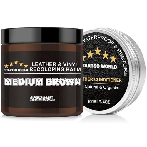 STARTSO WORLD 200Ml Leather Recoloring Balm with 100ML Leather Conditioner, Medium Brown Leather Repair Kit for Furniture, Leather Dye, Leather Scratch Repair, Leather Couch Paint - color: Medium Brown, size: Leather Recoloring Balm+Mink Oil