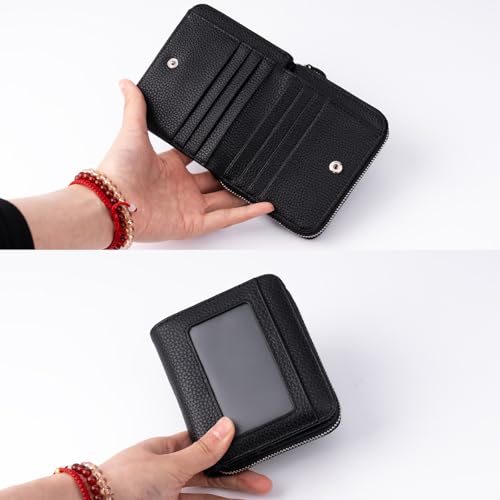 XINNSTAR Genuine Small Wallet for Women, Slim RFID Blocking Credit Card Holder with ID Window, Compact Purses for Women with 11 Card Slots - color: Black