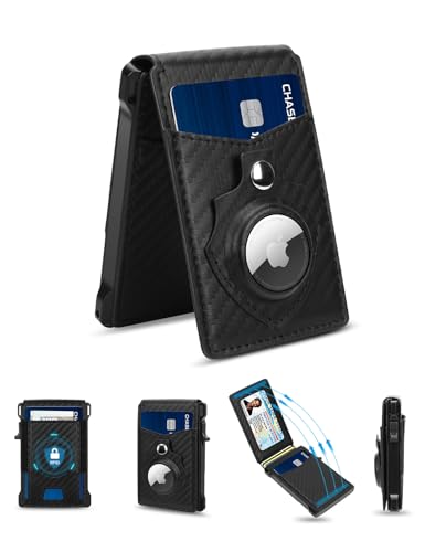 Airtag Wallet for Men, Mens Smart Wallet for Air Tag RFID Blocking, Minimalist Bifold Pop Up Aluminum Credit Card Case Holder 9-13 Cards with ID Window & Stretchable Cash Slot, No Airtag Included - color: Carbon Fiber Black