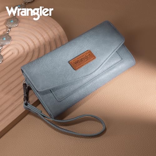 Montana West X Wrangler Womens Wallet Large Capacity Long Compact | Card Cases & Money Organizers for Ladies Female Zipper Wallet Wristlet with Coin Purse and Wrist Strap - color: Trifold-Jean