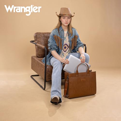 Wrangler Laptop Bag for Women 15.6 Inch Vintage Work Tote Bag for Business Briefcase Handbag with Adjustable Shoulder Strap - color: Brown