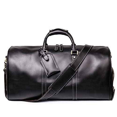 Leather Travel Duffel Bag, Classic Leather Weekend Bag Mens Gift Overnight Retro Sport Gym Carry on Luggage YKK Zipper (Black Oil) - color: Black Oil