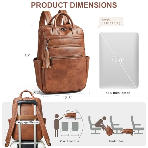 Laptop Backpack for Women 15.6 inch Travel Leather Backpack Purse Work Computer Backpacks for Business College Brown - color: Brown