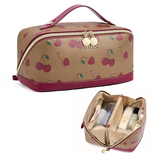Telena Leather Make Up Bag Portable Travel Makeup Bag Waterproof | Cosmetic Bags for Women Large Capacity With Handle and Divider Open Lay Flat - color: 0-Red with Brown