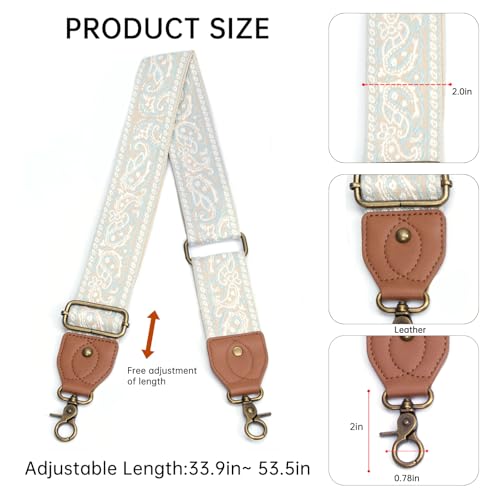Purse Strap Replacement Crossbody Adjustable Bag Strap Retro Jacquard Embroidery Wide Shoulder Strap for Women Handbags - color: Light Blue Pattern