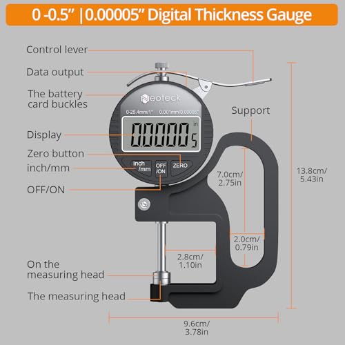 Neoteck Digital Thickness Gauge 1inch/25.4mm,0.00005inch/0.001mm Accuracy | Thickness Meter with LCD Display, Inch/MM Conversion ,One-Hand Quick Press for Leather Paper Fabric Film -Black - color: Silver-black, size: 0-1"/0.00005"