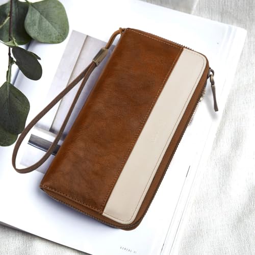 Real Leather Wristlet Wallet Women With RFID Blocking(brownwhite) - color: a7-darkbrown white
