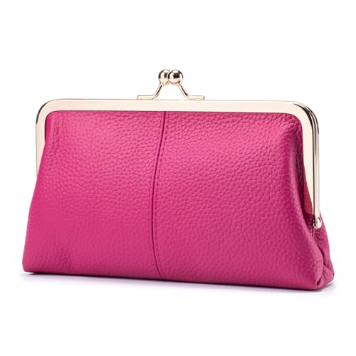 Women's Genuine Leather Wallet - Fashionable Kiss Lock Card Holder, Long Clutch Purse, Portable Large Capacity Travel Wallet (Rose Red) - color: Rose Red