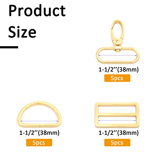 15Pcs Metal Swivel Snaps Hooks with D Rings and Tri-Glides Slide Buckles for Key Lanyard Purse Bag Straps Dog Collars DIY Sewing Hardware Craft (1-1/2 inch, Gold) - color: Gold, size: 1-1/2 inch