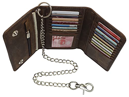 RFID Blocking Mens Tri-fold Long Style Crazy Horse Leather Steel Chain Wallet, (Brown, Silver Chain) - color: Brown, Silver Chain