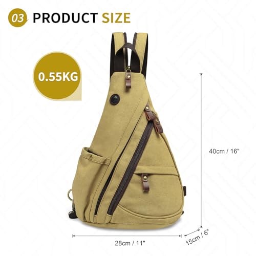 Canvas Sling Bag with Leather Zipper 3-in-1 Crossbody Backpack | Vintage Canvas Sling Bag for Women Men Convertible Cross Body Bag Multiple Zipper Pockets for Travel Daily Use - color: Khaki