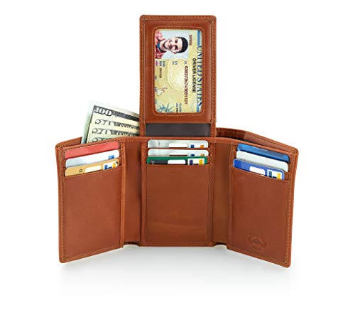Stealth Mode Trifold Wallet - RFID Blocking Wallet with Flip ID Holder - Leather Case for Money, Credit Cards - Mens Organizer, Divided Billfold, Identity Protection - Men's Gifts (Light Brown) - color: Light Brown