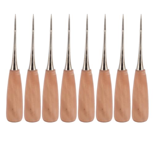 Leather Sewing awl, 8pcs Wooden Handle drillable Stitching awl, with ergonomically Designed Handle, for Punching scribing and Marking on Leather Cloth Wood Plastic