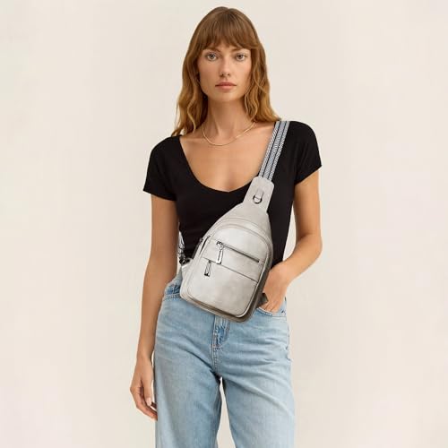 Leresas 7L Sling Bag for Women Crossbody Bag Sling Purse Fanny Packs Vegan Leather Chest Bag Trendy Handbag Travel Anti Theft - color: Light Grey