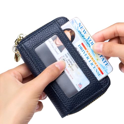 imeetu Rfid Credit Card Holder, Businese Card Case, Wallet for Women Men | Genuine Leather Card Wallet with id Window, Keychain & Double Zipper, Water-resistan Small Wallet with Gift Box, Daily Travel - color: Max - Dark Blue