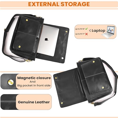 Genuine Leather Messenger Bag - Crossbody Briefcase Satchel Bag for Men & Women - Office, Work, Travel & Daily Use - color: Black (Strap)