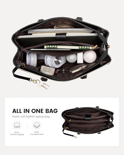 LOVEVOOK Laptop Tote Bag for Women,Leather Work Computer Briefcase Bag - color: Black and White and Brown, size: 15.6 inch