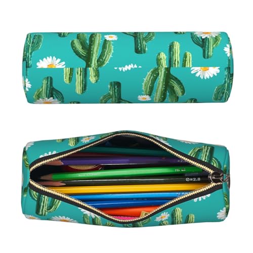 OSAM SPACE Leather Pencil Case Round Pencil Bag Cactus Daisy Pen Organizer Holder Portable Zipper Pouch Cute School Supplies for Girls Boys Study Office - color: Cactus Daisy