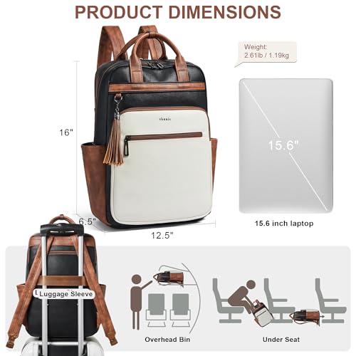 Laptop Backpack for Women 15.6 inch Travel Leather Backpack Purse Work Computer Backpacks for Business College Black With Brown and White - color: Black With Brown and White