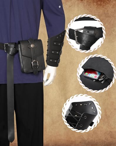 Berenlu Renaissance Accessories, Medieval Belt & Faux Leather Bracers - color: Black Square Pouch