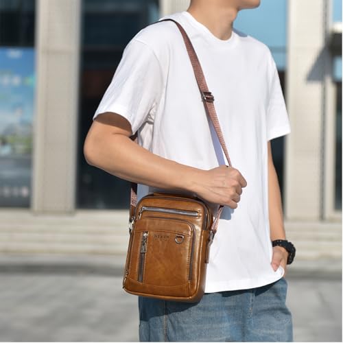 Messenger Bag for Men Crossbody Shoulder Purse Small Vintage PU Leather Satchel Pouch Side Crossover Handbag - color: Messenger Bag for Brown