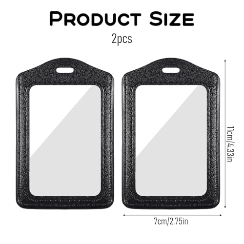 Genuine Leather ID Badge Holders, 2Pcs Leather Badge Holder with Double Side Clear Window, Vertical ID Card Holders, Waterproof Name Badge Holder for Students, Staff, Office, Employees, Black