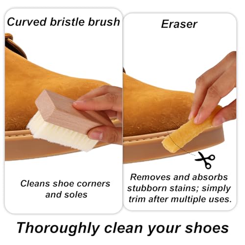 3pcs Suede Shoe Brush and Eraser Kit, Professional Suede & Nubuck Rubber Cleaning Cleaner Brushes with Wood Handle for Shoes & Boots