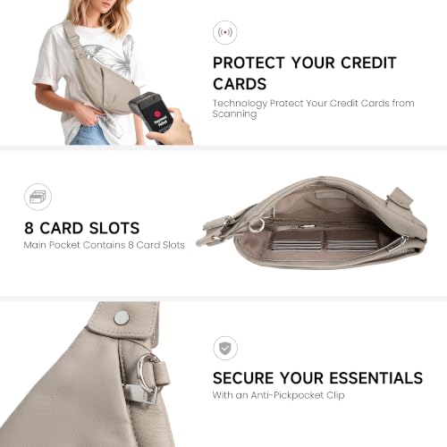 befen Genuine Leather Anti-Theft Crossbody Sling Bag for Women & Men, Slim | Multi Pockets, RFID Blocking Protection, 8 Card Slots, Lightweight, Soft Real Leather, Unisex Daily Travel Outdoor Carry - color: Light Grey
