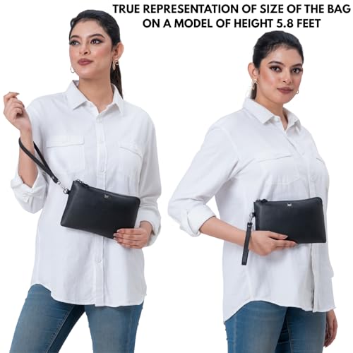 Leather Wristlet Wallet for Women Clutch Handbag Purse with Cell Phone Slot | Genuine Top Grain Leather, 8 Credit Card Slots, Detachable Strap, YKK Zipper, Gifts for Women - color: Black Nappa