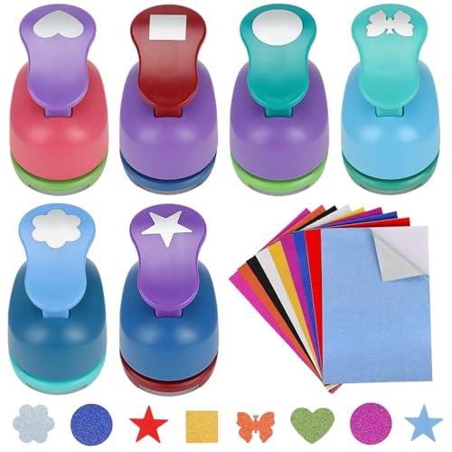 6 Pcs Colorful Craft Hole Punch with 10 Glitter Cardstock Papers, Decorative Scrapbook Paper Puncher Set, Different Shape Paper Hole Puncher Set for Office Supplies (6 Pcs Styles 2) - color: 6 Pcs Styles 2