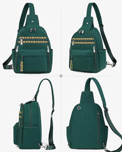 Large Sling Bag for Women, Designer 10L Leather Crossbody Purse | Anti Theft Sling Backpack, RFID Fanny Packs for Travel, Ideal for Vacation Walking Daily Errands - color: Dark Green Nubuck Style