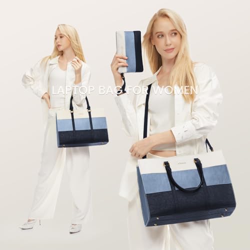 LOVEVOOK Laptop Bag for Women, 17.3 Inch Laptop Tote Bag, Vintage Leather Work Bags for Women, Waterproof Computer bag with Clutch Purse, Large Capacity Briefcase, Business Office Bag - color: White - Blue, size: 17.3 inch