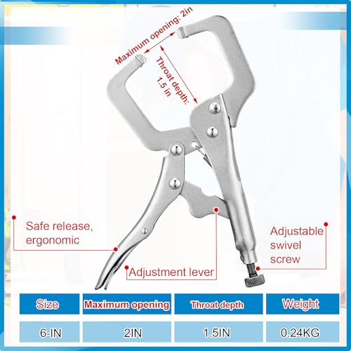Yexiya 6 Pcs 6 Inch Locking C Clamp Original Lock Regular Tips Plain adjustable Alloy Steel Locking C Clamp for Woodworking Carpentry Welding Electrical Equipment, Silver - size: 6 Inch