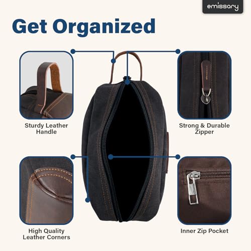 emissary Men's Toiletry Bag, Leather and Canvas Travel Toiletry Bag, Dopp Kit for Men, Travel Bathroom Bag Men's Shaving Kit, Travel Kit Small Bags for Men, Shaving Bag for Travel Accessories (Black) | Durable canvas & PU leather, water-resistant lining,
