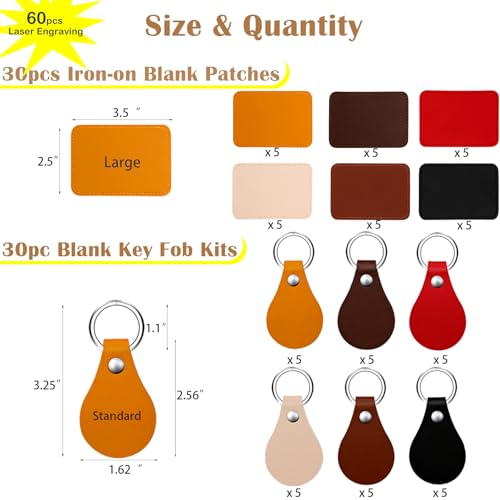 60 Pcs Lasable Engravable Blanks - Leatherette Iron on Hat Patches & PU Leather Key Fob Kit for DIY Custom Laser Engraving Craft Gifts (30 Pcs Colorful Rectangle Patches & 30 Pcs Keychains) - color: Colorful Patches & Colorful Keychains, size: 60 pcs