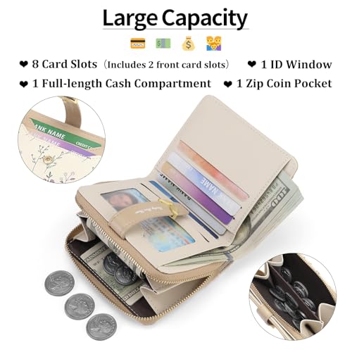 GAEKEAO Small Wallets Woman RFID Blocking Vegan Leather Bifold Floral Ladies Purse Card Holder with Zipper Pocket ID Window - color: Z-Khaki