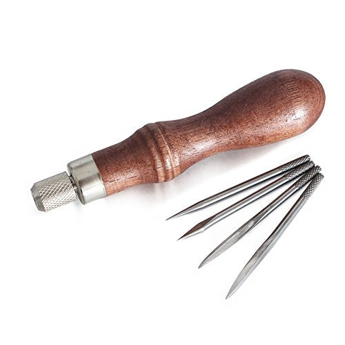 DIY 4 in 1 Adjustable Wood Handle awl Repair Tool Stitcher Sewing Awl Hand Stitcher Repair Tool Kit for Leather