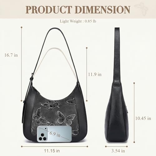 BELTANA Shoulder Bag for Women, Small Vegan Leather Butterfly Hobo Purse | Crescent Shoulder Purse, Top Handle Design, Lightweight, Underarm Style, Daily Travel & Shopping, Gift Choice - color: Black-silver