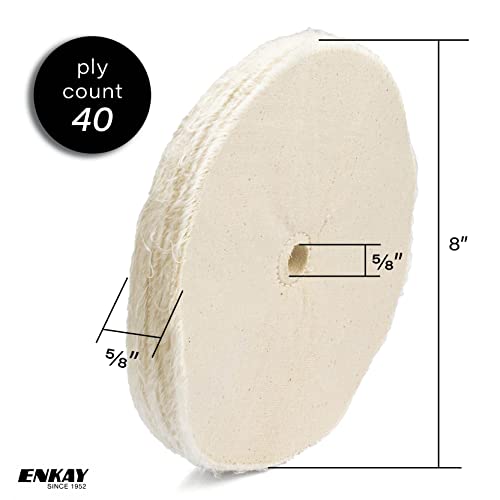 ENKAY - 8" Loose Cotton Buffing Wheels (2 Pack) for Polishing Metal and More, for Use with Polishing Compounds, Buffing Machines & Bench Grinders (40 Ply Each)
