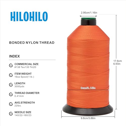 Extra Strong Bonded Nylon Thread #138 Tex135 – 16 OZ, 3000yds, Versatile Stitching Solution for Leather, Upholstery, Canvas Repair and More (Orange) - color: Orange, size: #138 Tex135 Tkt20