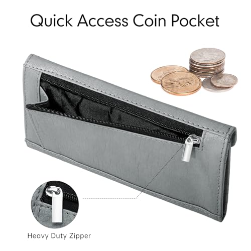 RFID Blocking Trifold Wallet for Women and Men, Vegan Leather Ultra Slim Envelope Style Multi-Card Holder with 2 ID Windows, Zippered Coin Pocket, Grey - color: Grey