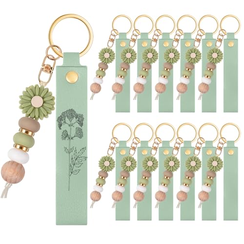 Wavyknot 12 Pack Daisy and PU Leather Beadable Keychain Bars Bulk Laser Engraving Blanks Keychain Kit for DIY Crafts Jewelry(Green,Rectangle) - color: Green, style: Rectangle