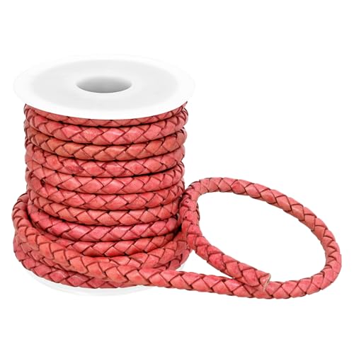 GENIQUE Real/Genuine Round Braided Leather Cord String Rope Folded, Leather Rope for Crafts, Jewelry Making, Necklace, Bracelets (Cyclaman Distressed, 5mm) - color: Cyclaman Distressed, size: 5mm